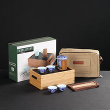 Load image into Gallery viewer, Portable / Traveling Gongfu Teaset &quot;Cup, Pitcher, Brewing Cup, Bamboo Tray&quot; in 1 Box, Qinghua Porcelain Chinese Teawares