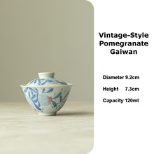 Load image into Gallery viewer, Handmade Glazed Porcelain Vintage-Style Pomegranate "Gaiwan, Tray, Saucer, Cup, Pitcher, Waste Water Jar", Qinghuaci White and Blue China Gongfu Teawares
