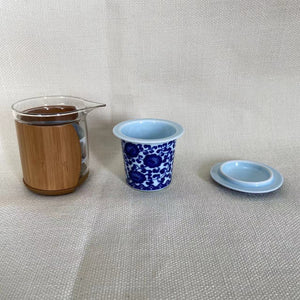 Portable / Traveling Gongfu Teaset "Cup, Pitcher, Brewing Cup, Bamboo Tray" in 1 Box, Qinghua Porcelain Chinese Teawares