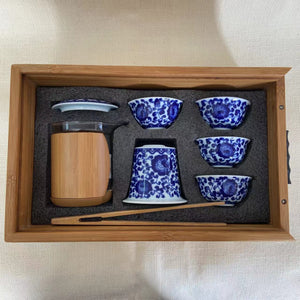 Portable / Traveling Gongfu Teaset "Cup, Pitcher, Brewing Cup, Bamboo Tray" in 1 Box, Qinghua Porcelain Chinese Teawares