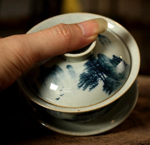 Rustic  Pottery Porcelain "GaiWan" 175cc, 2 Patterns' Scenery Painting.