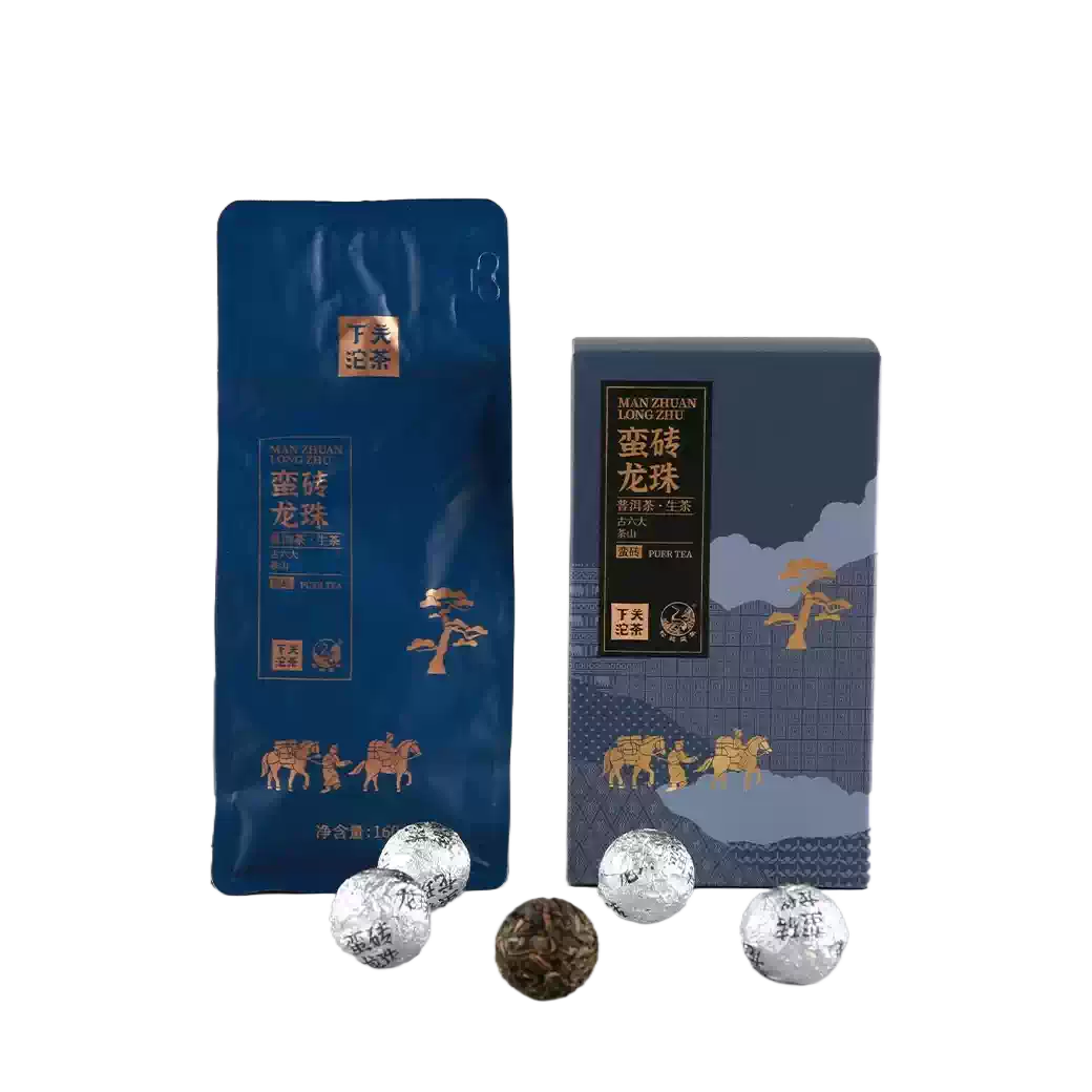 Blue tea packaging with tea balls on a white background