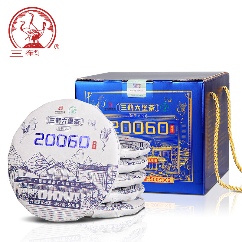 500g Cake Dark Tea · Wuzhou, Guangxi**

Name: Liu Bao Tea – Pressed Cake “20060”
Brand: Sanhe (Three Cranes / Wuzhou Tea Factory)
Grade: Special Grade (Te Ji)
Form: Pressed Tea Cake
Specification: 500g per cake · 6 cakes per bundle · 24 cakes per carton
Aroma Profile: Betel-nut aroma · Fungal/“Golden Flower” floral aroma
Aging Start Date: December 25, 2020
Production Date: January 8, 2024

⸻

Product Description

The 20060 Liu Bao tea cake is produced by Wuzhou Tea Factory using carefully selected 2020 spri