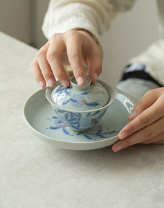 Handmade Glazed Porcelain Vintage-Style Pomegranate "Gaiwan, Tray, Saucer, Cup, Pitcher, Waste Water Jar", Qinghuaci White and Blue China Gongfu Teawares