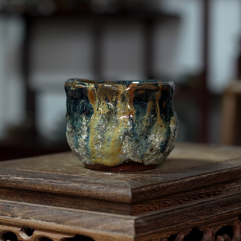 Japanese-Style Hand-Pinched Wood-Fired Kiln-Glazed Crackle Pattern Tea