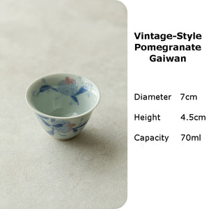 Handmade Glazed Porcelain Vintage-Style Pomegranate "Gaiwan, Tray, Saucer, Cup, Pitcher, Waste Water Jar", Qinghuaci White and Blue China Gongfu Teawares