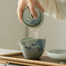 Charger l'image dans la galerie, Handmade Glazed Porcelain Vintage-Style Pomegranate "Gaiwan, Tray, Saucer, Cup, Pitcher, Waste Water Jar", Qinghuaci White and Blue China Gongfu Teawares - King Tea Mall - photo 2