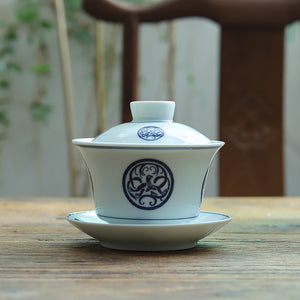 Hand Painted White Porcelain "Gai Wan", "Pitcher", "Strainer", and "Cup", Teawares.