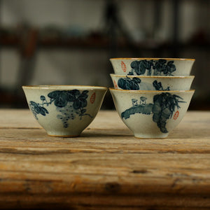 Gongfu Tea Cup, 60cc, 4pcs/set, Paint of  "Tradition Garden" Porcelain with Glaze, Chinese Gongfu Tea Wares, China Tea Sets