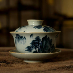 Antique Coarse Pottery Porcelain "GaiWan" 175cc, 2 Patterns' Scenery Painting.