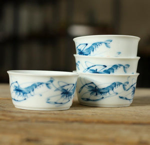 Blue and White Porcelain, Tea Cup, 2 Variations, 60cc, "Lotus" / "Shrimp"