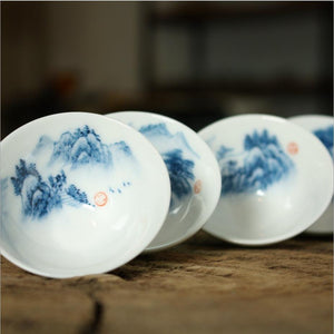 Blue and White Porcelain, 2 Kinds of Tea Cups, 40cc*4pcs, "Geng Du Yu Qiao"