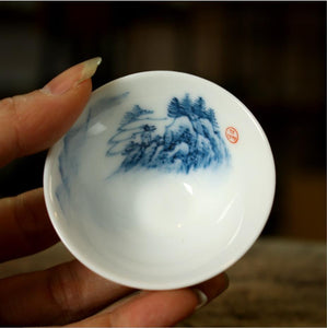 Blue and White Porcelain, 2 Kinds of Tea Cups, 40cc*4pcs, "Geng Du Yu Qiao"