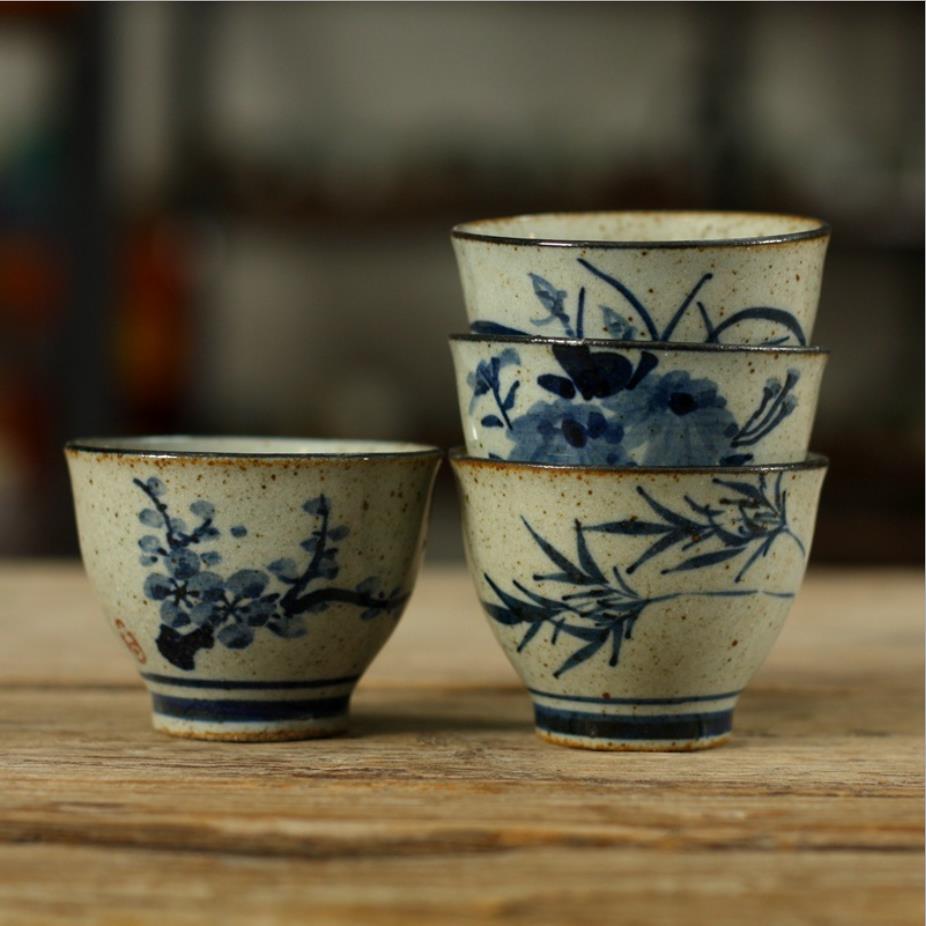 Antique Coarse Pottery Porcelain 1 set of 4 Tea Cups, 60cc, 