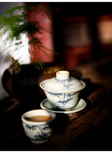 Antiqued Underglaze Blue Porcelain Gaiwan 110ml / Tea Cup 58ml Hand Made & Drawing